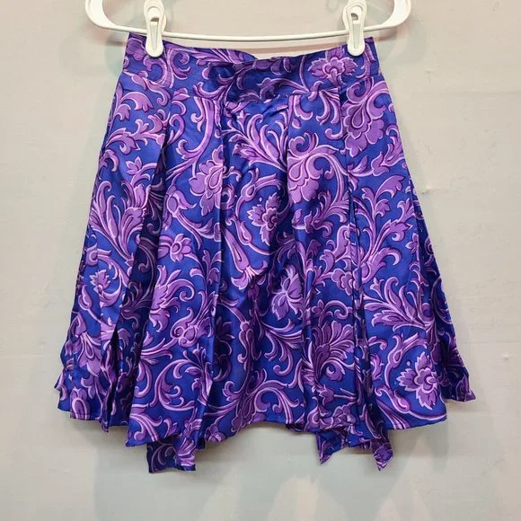 Versace Vintage Silk Skirt Pleated Mini Blue Purple Asymmetrical Hem Mini Italy - Picture 4 of 14